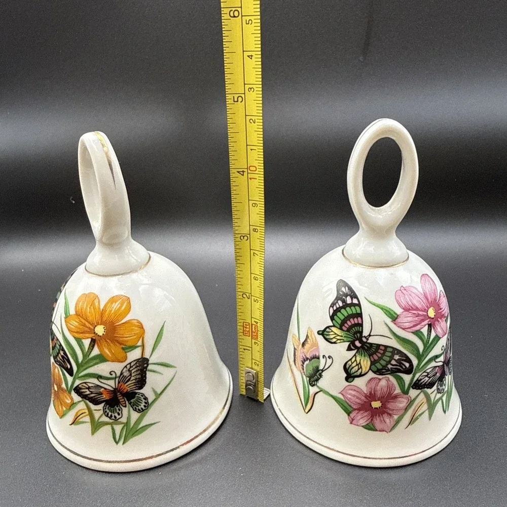 Vintage UCGC Decorative Bell Orange Pink Wild Flowers Butterflies Hand Painted 2